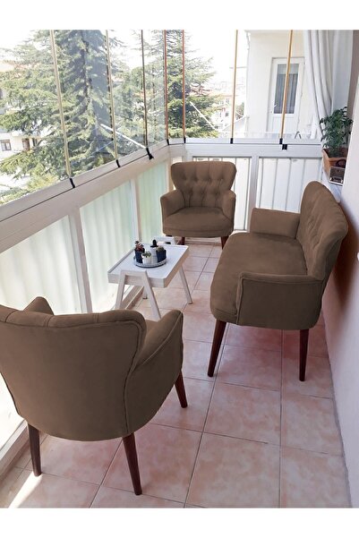 Azra Aksesuar Çay Seti Koltuk Takımı - Düz Renk - Ahşap Ayak - Babyface Kumaş - Kahverengi