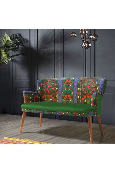 Azra Aksesuar Ikili Koltuk - Etnik Desen - Nubuk Kumaş - Ahşap Ayak - Yeşil