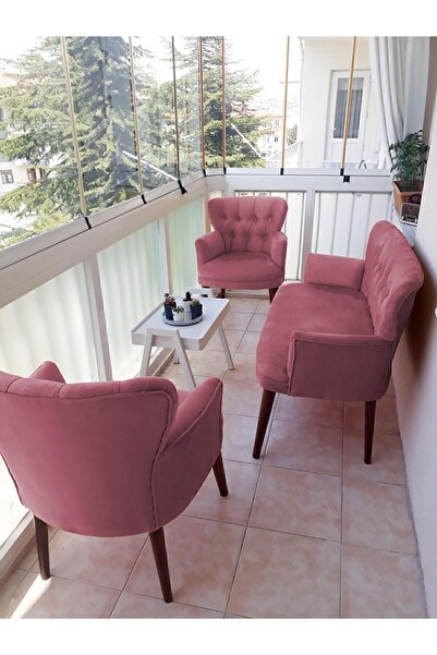 Azra Aksesuar Çay Seti Koltuk Takımı - Düz Renk - Ahşap Ayak - Babyface Kumaş...