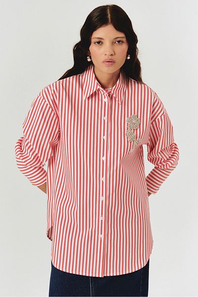 Exquise Oversize Striped Poplin Shirt with Stone Embroidery Detail