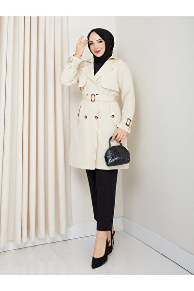 RACE FASHİON Kruvaze Yaka Su Geçirmez Astarlı Kemerli Torino Kumaş Trençkot RC1003089