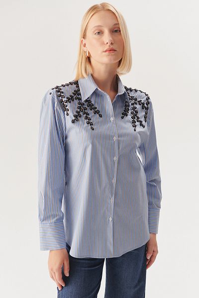 Exquise Regular Fit Striped Shirt with Stone Embroidered Shoulders