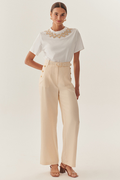 Exquise High Waist Beige Trousers with Straight Cut and Matching Belt