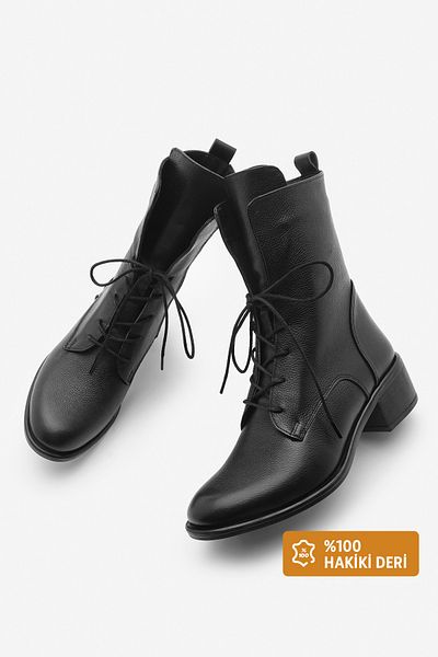 Marjin Women's Genuine Leather Boots Lace Up Zippered Classic Daily Boots Mek black
