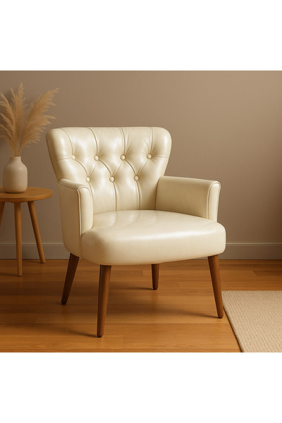 WATERYBROOK Berjer -deri - Ahşap Ayak - Ofis Büro Koltuğu -misafir Koltuğuderi - Krem