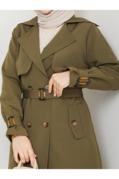 RACE FASHİON Kruvaze Yaka Su Geçirmez Astarlı Keten Kadın Trençkot Rc3089