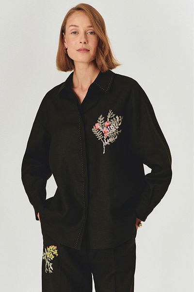 Exquise Comfortable Fit Pure Linen Black Shirt with Embroidery Detail