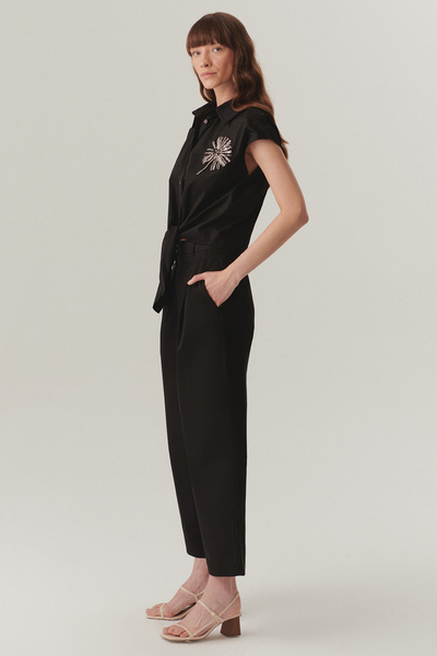 Exquise Mid Waist Cotton Fabric Loose Fit Short Leg Black Pants