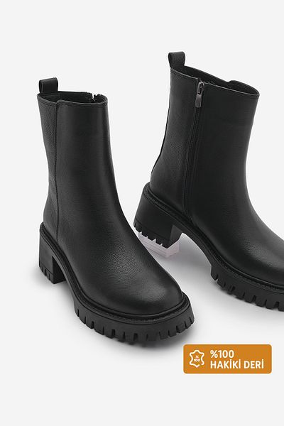 Marjin Forlas Black Women's Boots - Genuine Leather, Zipper, Thick Heel and Serrated Sole