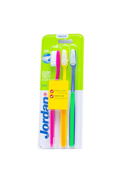 JORDAN Classic Toothbrush Medium Assorted Color 3 Pcs Daily Plaque Removal & Gum Care, Assorted Colors,