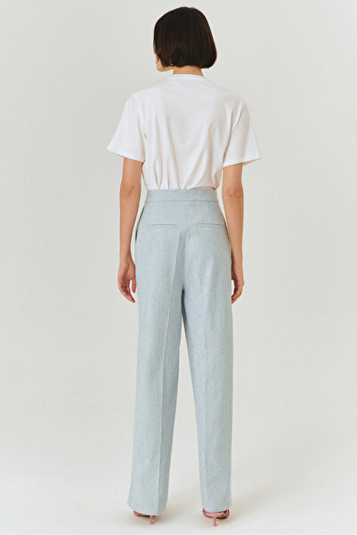 Exquise Yüksel Waist Straight Cut Blue Trousers with Shiny Fabric Detail