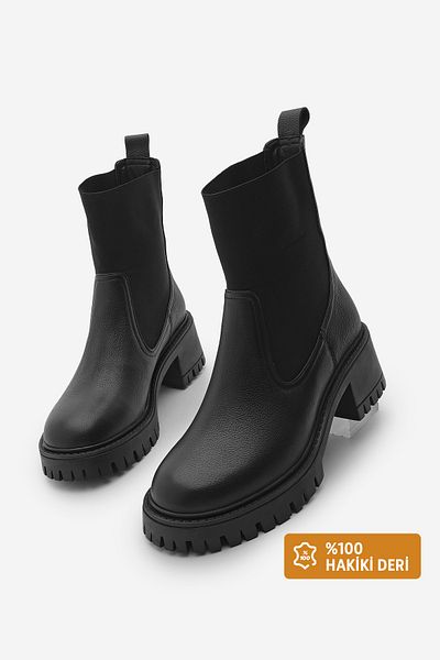 Marjin Genuine Leather Black Thick Heeled Boots - Elastic and Serrated Sole, Casual Roden