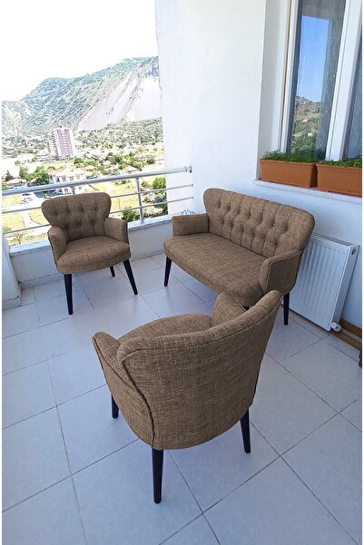 Azra Aksesuar Çay Seti Koltuk Takımı - Keten Kumaş - Ahşap Ayak - Balkon Mobi...