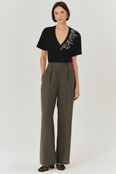 Exquise Pure Linen Palazzo Gray Trousers