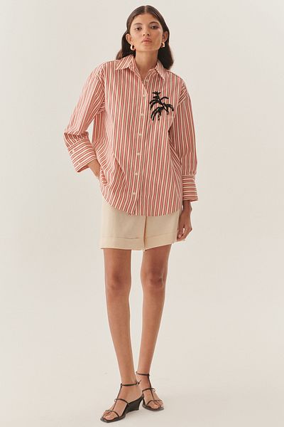 Exquise Red Striped Regular Shirt with Embroidery Detail