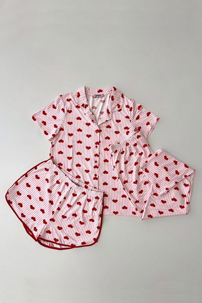 pouq Shirt Collar Heart Patterned 3-Piece Pajama Set Pink