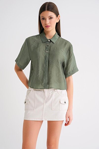 Mixray 4663 Γυναικείο πουκάμισο με κουμπιά χακί