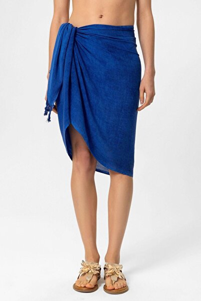 Deriderim Pareo de vară din bumbac cu ciucuri albastru detaliat - Legat în talie