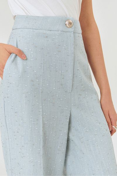 Exquise Yüksel Waist Straight Cut Blue Trousers with Shiny Fabric Detail