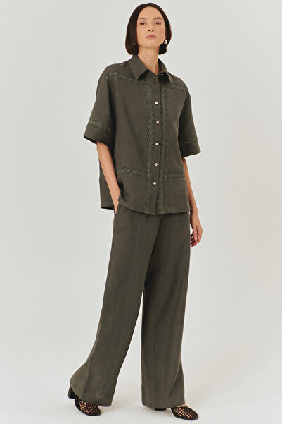 Exquise Lace Detailed Comfortable Fit Pure Linen Short Sleeve Gray Shirt