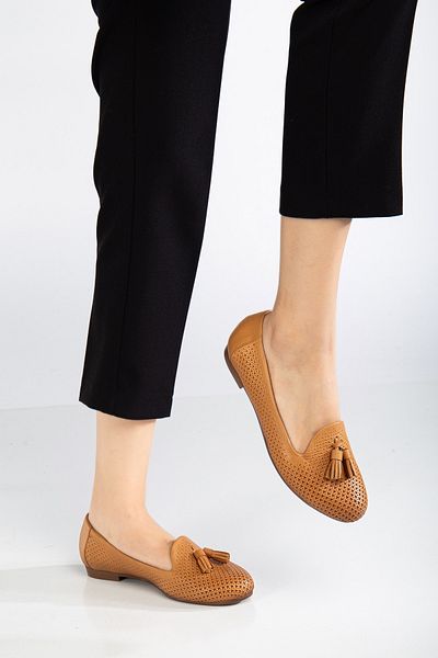 ANALİN SHOES Balerini de damă din piele naturală cu ciucuri imprimați - maro