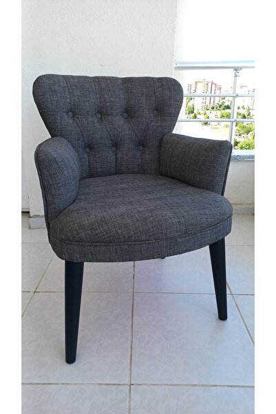 Azra Aksesuar Berjer - Tekli Koltuk - Keten Kumaş - Ahşap Ayak - Gri