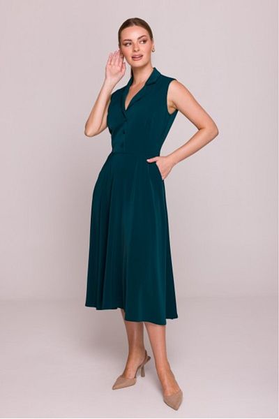 Stylove Flared Dress with Collar - Green