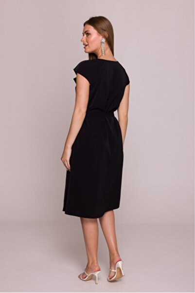 Stylove Dress with ruffle and belt at the waist - black