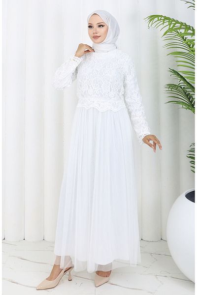 sefamerve Rochie de seara acoperita cu dantela alba - 5369-01