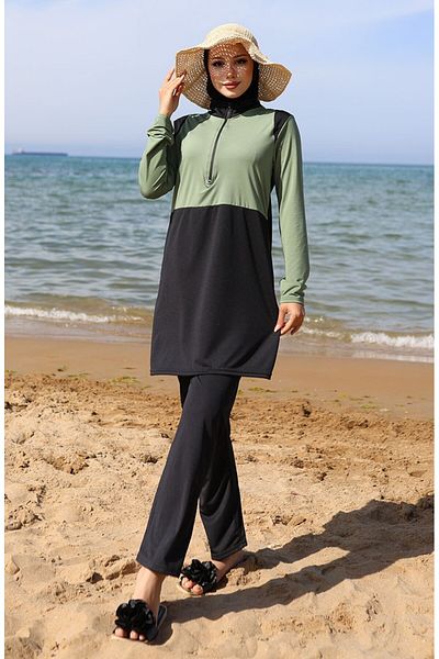 sefamerve Μαγιό Hijab με φερμουάρ 2508-02 Çağla Green Black