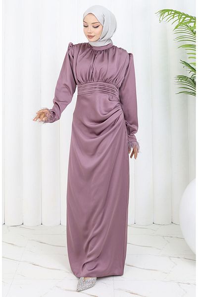 sefamerve Βραδινό φόρεμα Dusty Rose Satin - Πλισέ λεπτομέρεια, Μοντέλο 6374-02