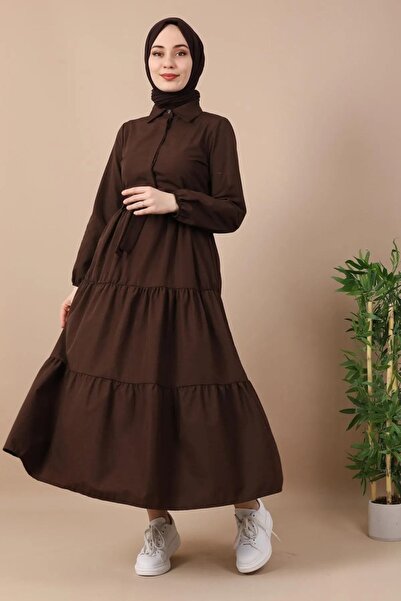 Genel Markalar Standart Yaka Düğmeli Kuşaklı Kahve Elbise