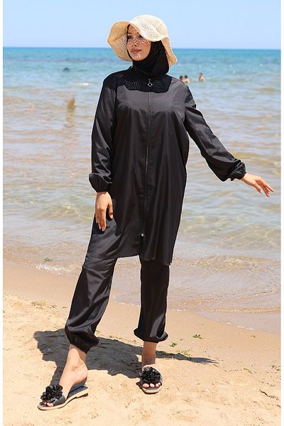 sefamerve Μαγιό Hijab με φερμουάρ και δώρο 9003-04 Μαύρο