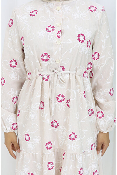 sefamerve Λινό φόρεμα με μισό κουμπί 2097-05 Μπεζ Navy Blue