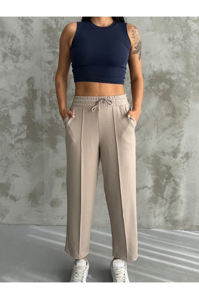 Moda ferfa Women's Beige Modal Fabric Balloon Model Front Ribbed Comfortable Fit Trousers