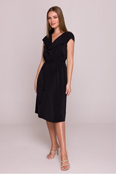 Stylove Dress with ruffle and belt at the waist - black