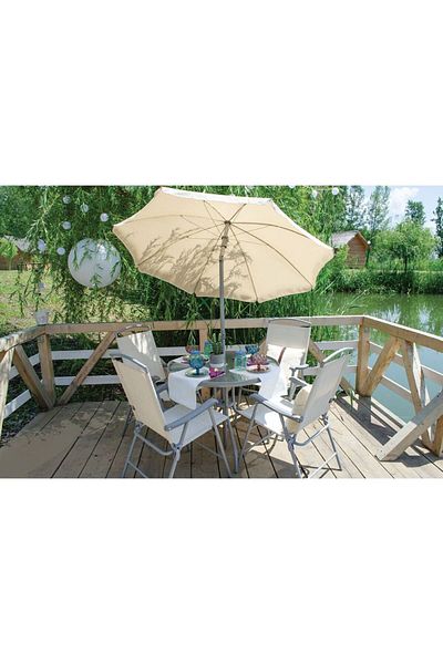 Homelux Table set + 4 chairs + cream umbrella, grey/cream, metal frame, 5 mm tempered glass top