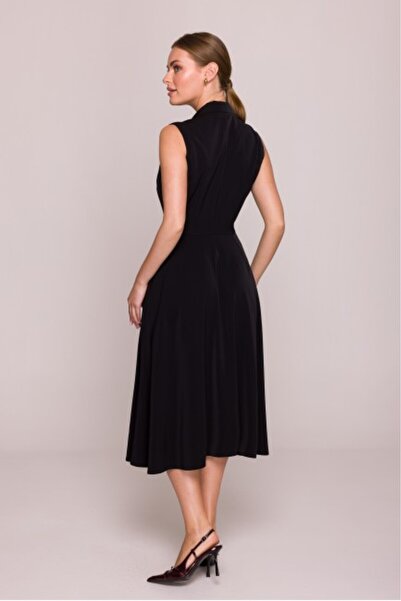 Stylove Flared dress with collar - black