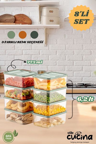 Stile Cucina 8-Piece Refrigerator Organizer Organizer Freezer Storage Container Suitable for Microwave