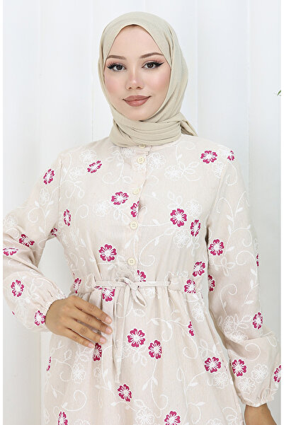 sefamerve Λινό φόρεμα με μισό κουμπί 2097-05 Μπεζ Navy Blue