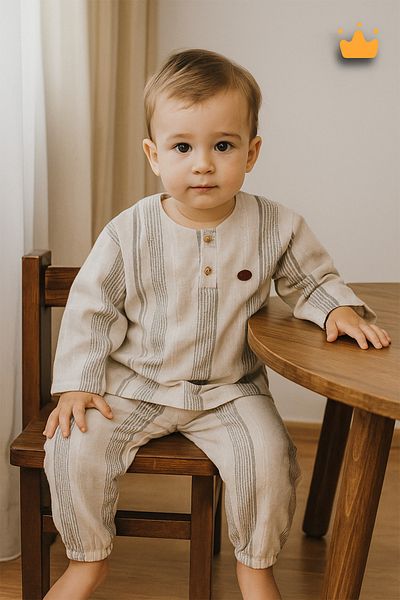 Babyhola 0-2 Years 100% Cotton Linen Striped Top Bottom 2-Piece Baby Boy Kids Suit Gray 2211