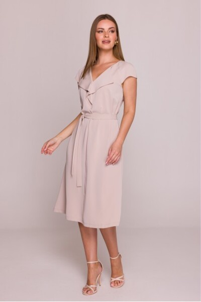 Stylove Dress with ruffle and belt at the waist - beige