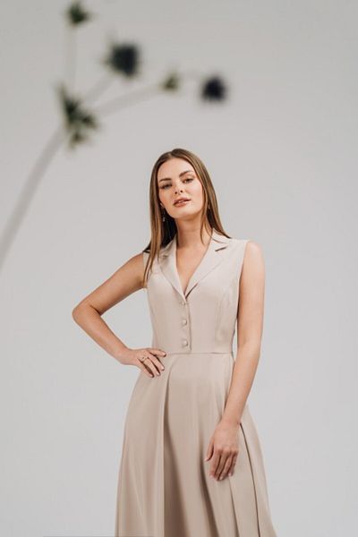 Stylove Flared Dress with Collar - Beige