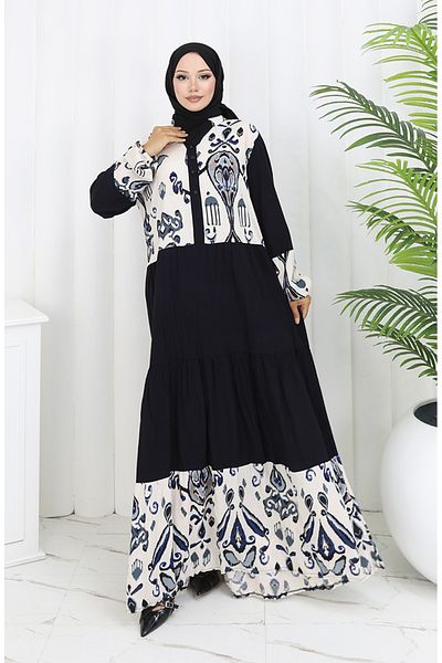 sefamerve Rochie din viscoză cu garnitură colorată 994587a-04 Indigo negru