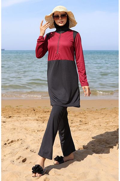 sefamerve Μαγιό Hijab με φερμουάρ 2508-03 Claret Red Black