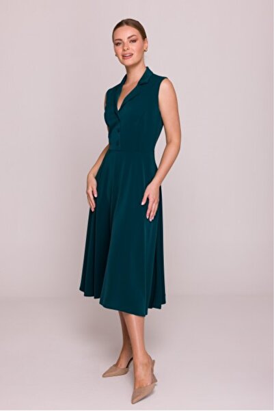 Stylove Flared Dress with Collar - Green