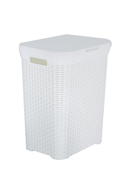Saban 2'li Set Hasır Desenli Plastik Beyaz Çamaşır Sepeti & Beyaz Çamaşır Selesi