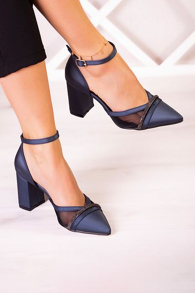 Erkan Saçmacı Molly Navy Blue Satin Stone Mesh Thick Heeled Shoes 7 Cm