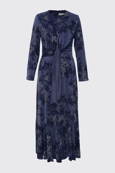 Zühre Navy Blue Dress with Jacquard Belt Detail E-0454