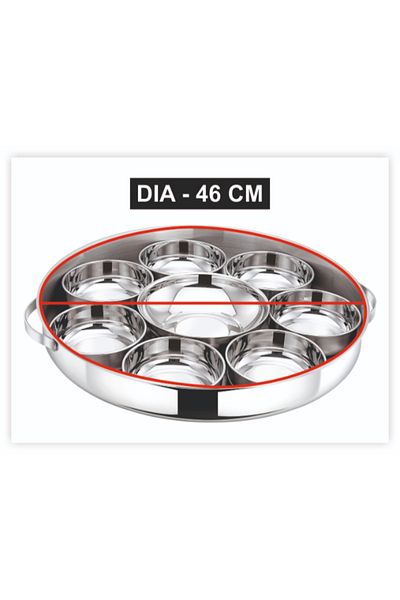 Bohara Stainless Steel Serving Plate Set. Consists Of 9 Pieces With A Lid. Distinctive Golden Line.